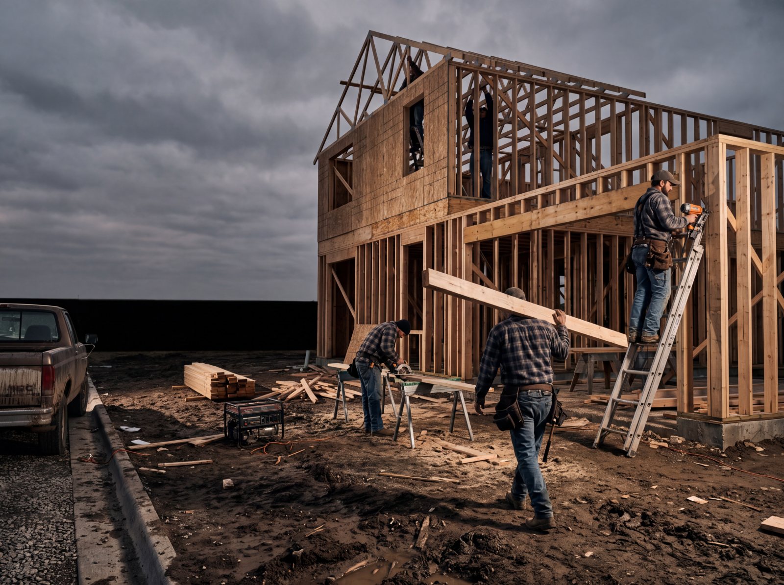 A two-storey timber frame going up on a muddy lot, with carpenters setting trusses, carrying lumber and cutting boards at a sawhorse.